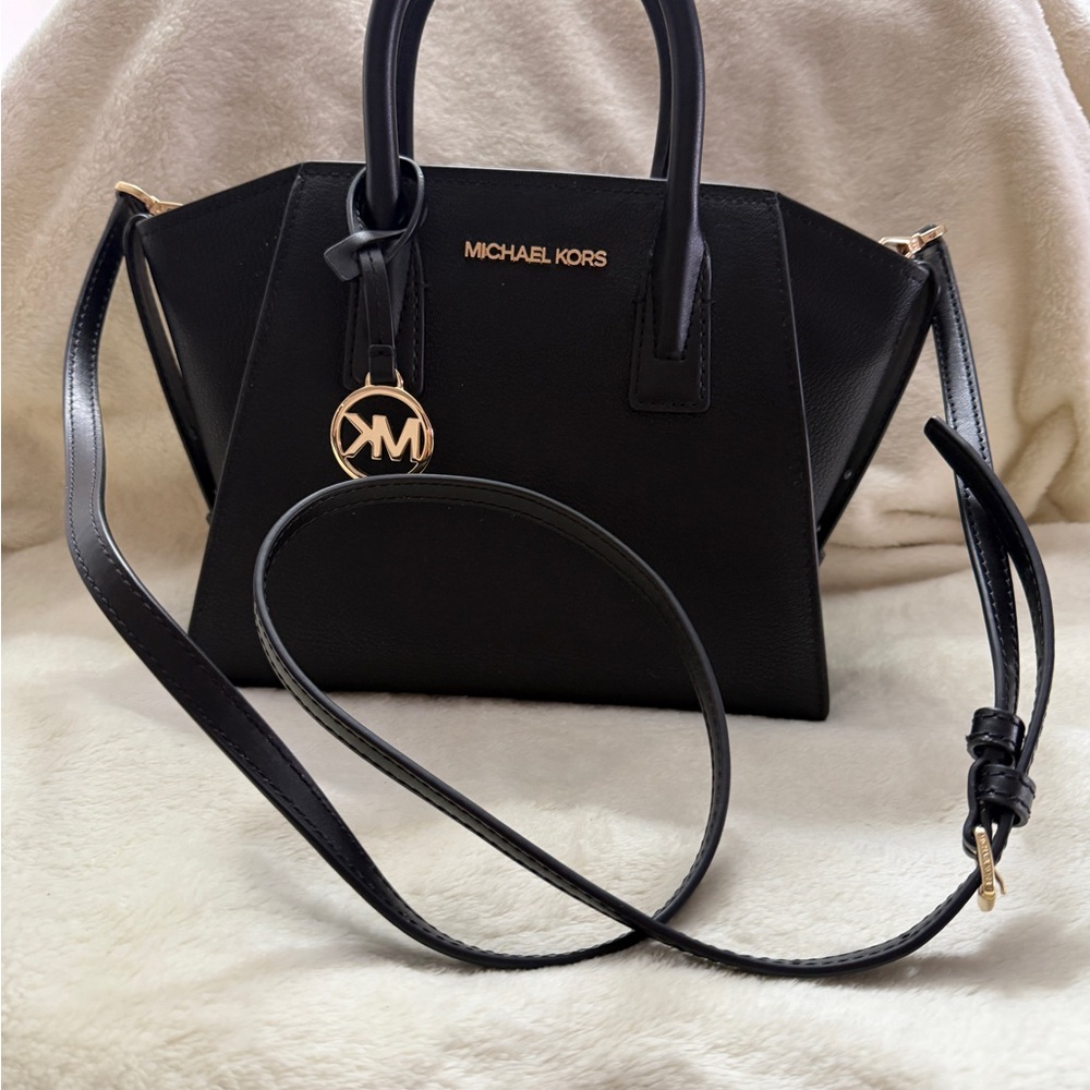 Michael Kors Black Saffiano Satchel with Gold MK Charm